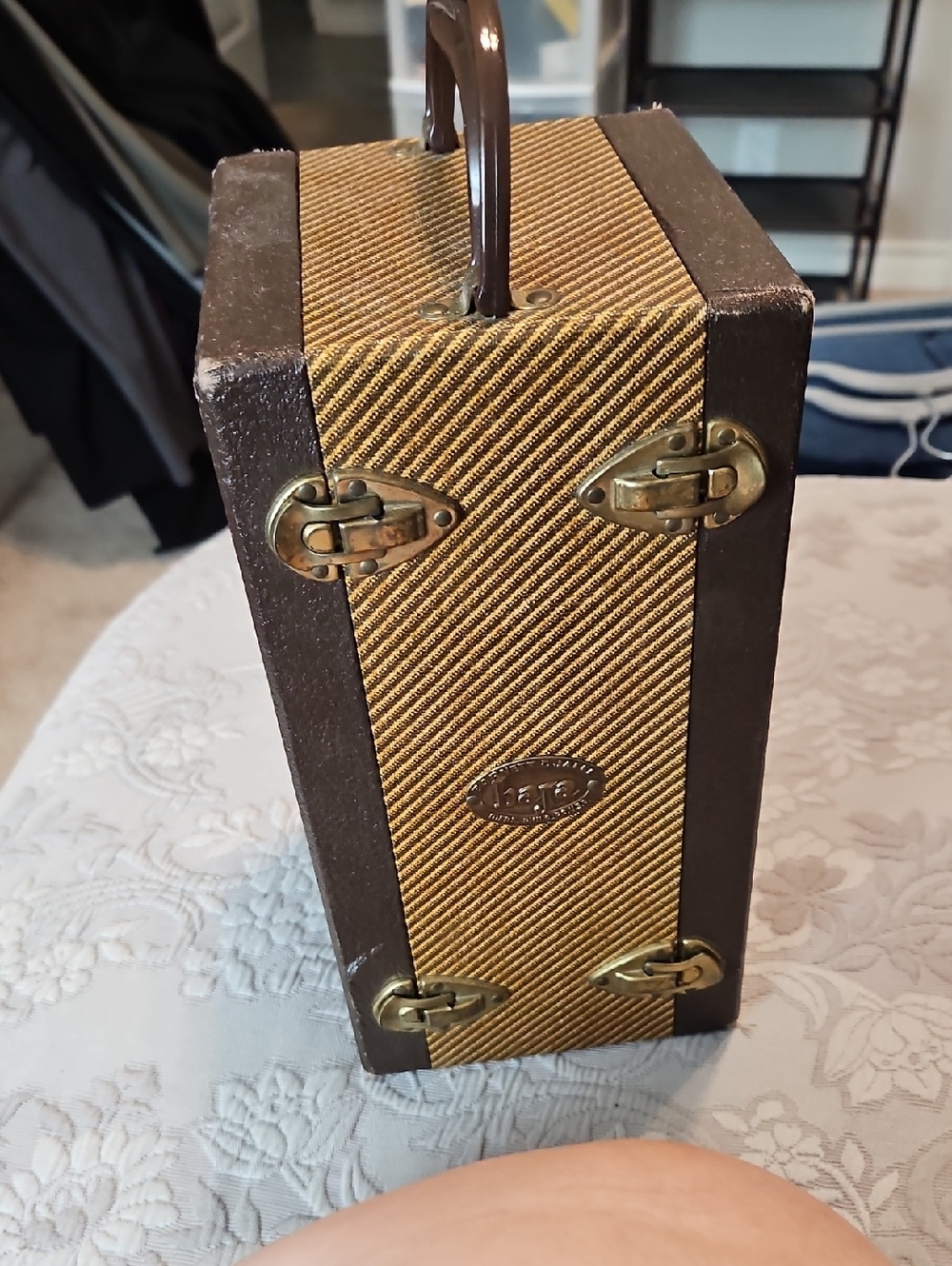 Brown and Tan Decorative Storage Trunk with Brass Hardware